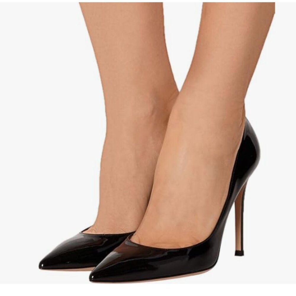 FSJ Black Pointed Toe Pumps High Heel Sexy Stilettos Slip On Office Dress Shoes